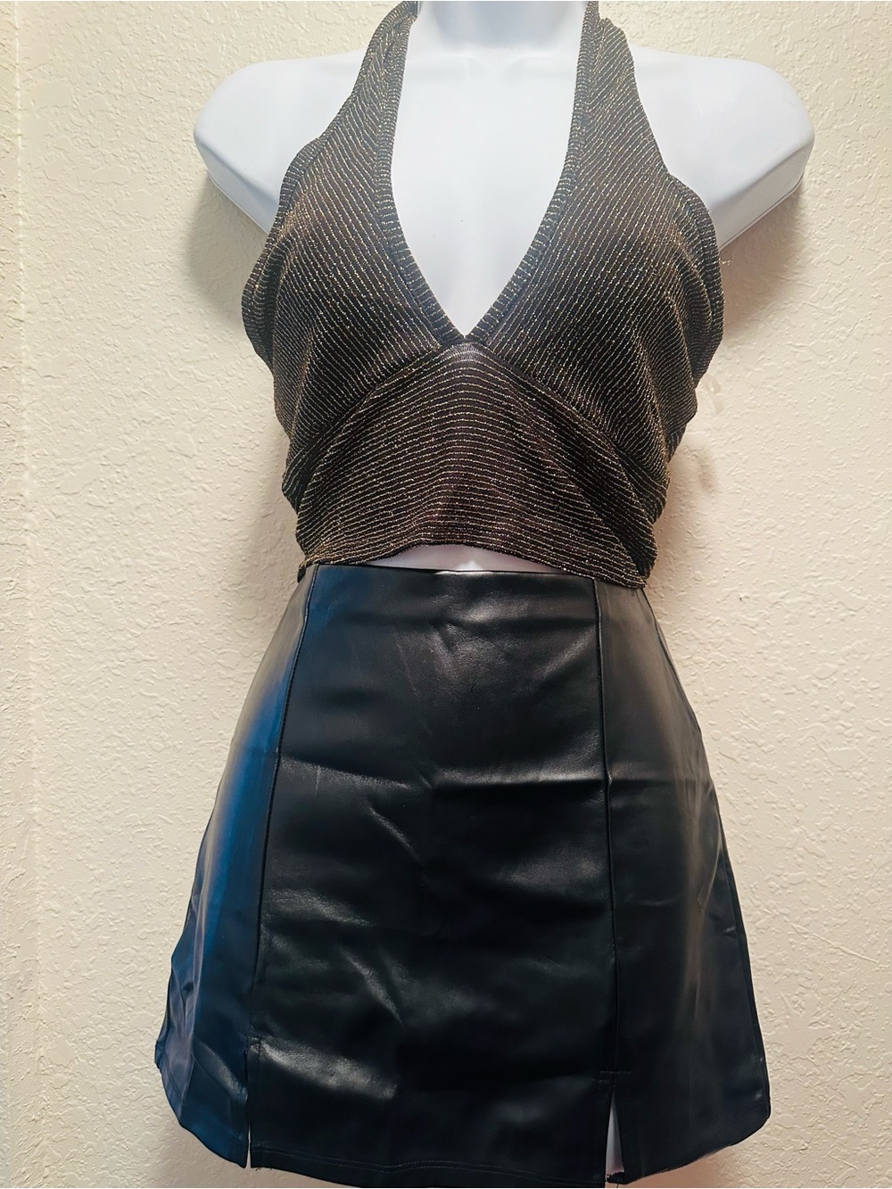 Women's Black Faux Leather Mini Skirt - Sleek A-Line Style